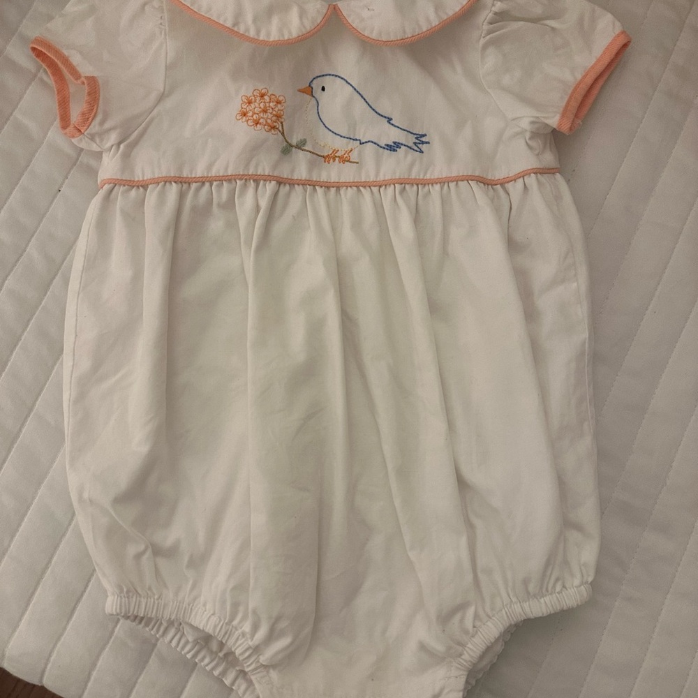 White and Orange Kids One Piece with Bird Embroidery